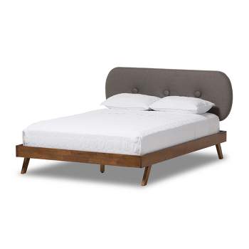 Penelope Mid-Century Modern Solid Wood and Fabric Upholstered Platform Bed Gray/Walnut Brown - Baxton Studio
