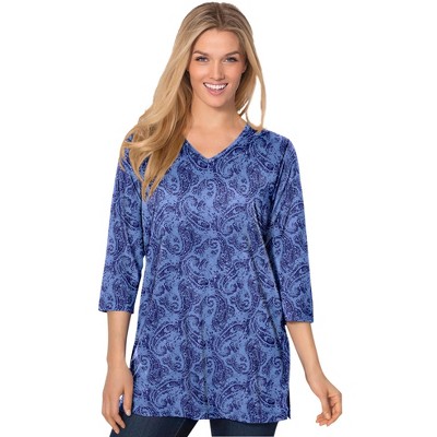 Woman Within Plus Size Perfect Printed Three-Quarter-Sleeve V-Neck Tunic