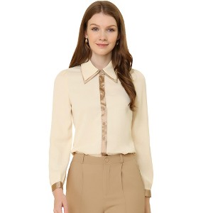 Allegra K Women's Contrast Collar Long Sleeve Office Button Down Shirts - 1 of 3
