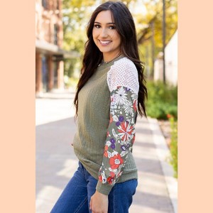 Laurel Green Floral Patchwork Long Sleeve Ribbed Blouse - 1 of 1
