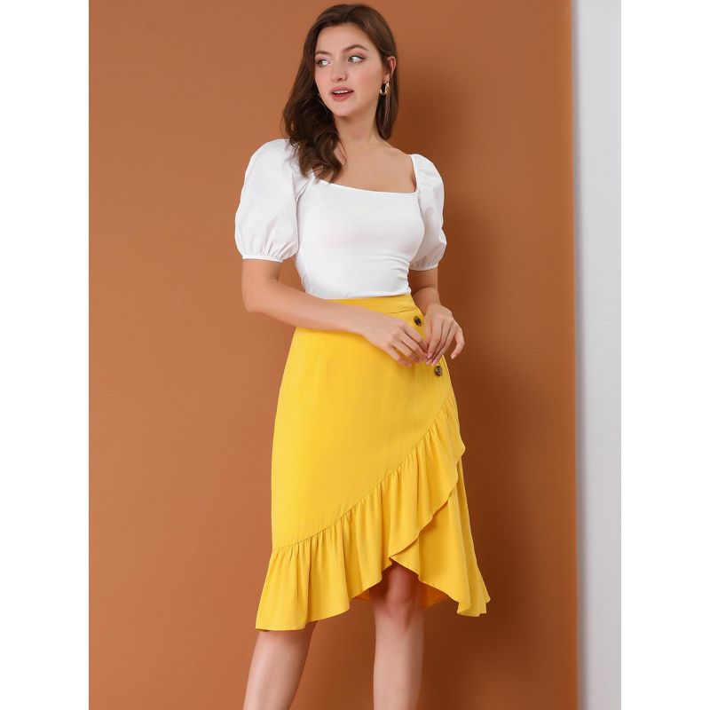 Allegra K Women's Button Decor High Waist Solid Color Asymmetrical Ruffle Skirt, 3 of 7