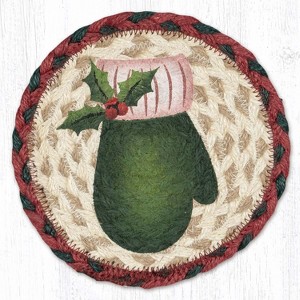 Earth Rugs Round Green Mitten Coaster – 7" Braided Jute Mat with Hand-Stenciled Holiday Mitten in Forest Green and Festive Winter Colors - 1 of 3