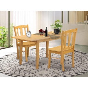East West Furniture 3-Piece Dining Room Table Set- 2 Wooden Chairs with Wooden Seat and Slatted Chair Back - Butterfly Leaf Rectangular Table - Oak - 1 of 4