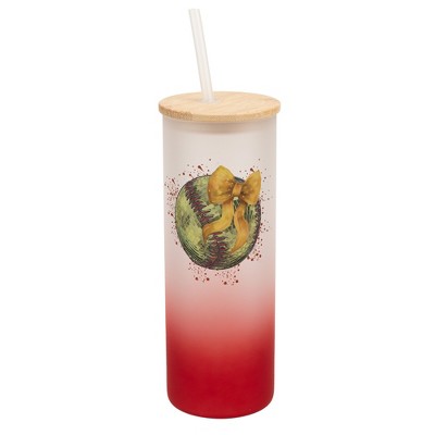 Elanze Designs 25 Ounce Frosted Glass Gradient Travel Tumbler With Straw and Wooden Lid, Softball Red Paint Splatter Red