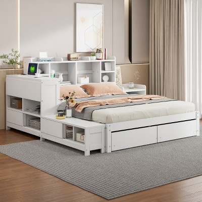 Full Size Platform Bed with Desk and USB Ports, Bed with Headboard Storage and Nightstand, Storage Bed with Drawers, Wood Frame Bed-Baofuwish