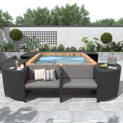 Spa Surround Spa Frame, Patio Rattan Sectional Sofa Set with Storage Spaces & Seats, Quadrilateral Outdoor Conversation Sofa Set for Poolside Garden