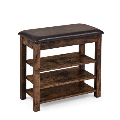 GlasFlength Shoe Racks 3 Tier Shoe Bench Entryway with Cushion Wood Bench with Shoe Storage for Entryway, Black, 24"*12"*22"