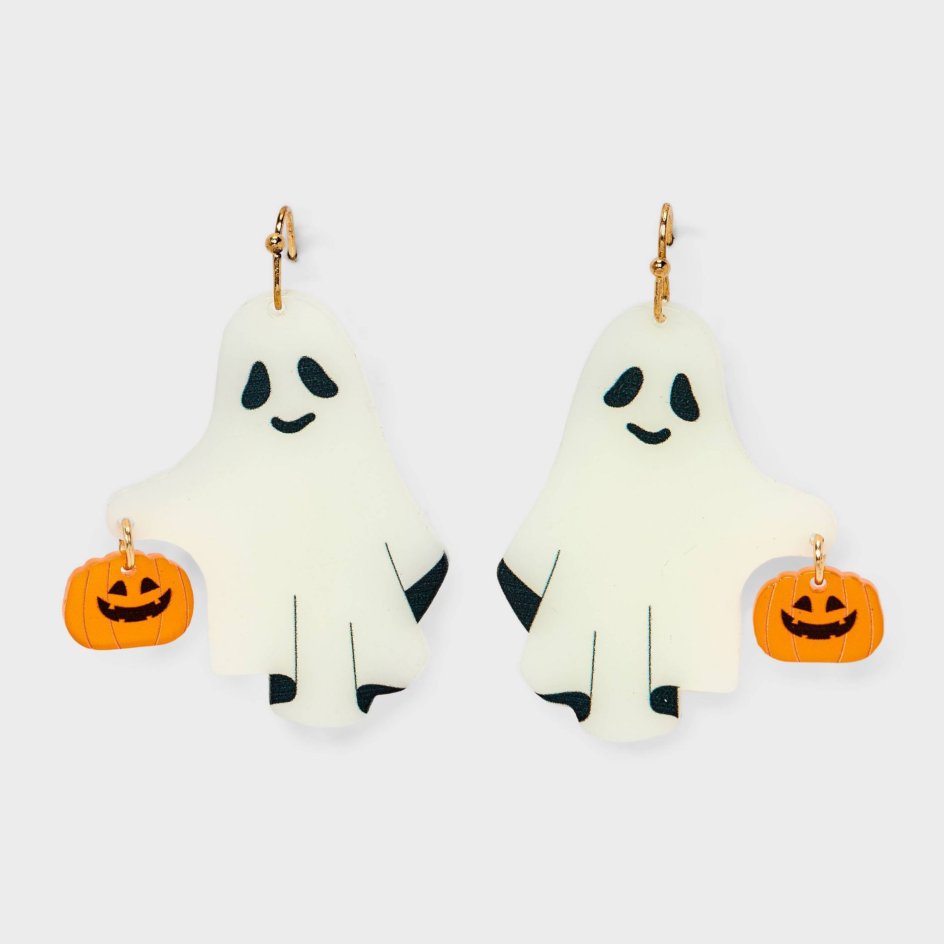 Halloween Ghost with Carved Pumpkin Drop Earrings - White/Orange