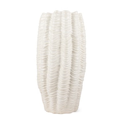 HomeRoots 24" Cream Cylinder Ceramic Sculptural Waves Table Vase