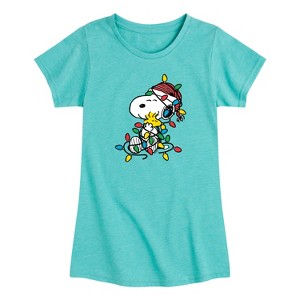 Girls' - Peanuts - Snoopy Woodstock Christmas Lights Short Sleeve Graphic T-Shirt - 1 of 3