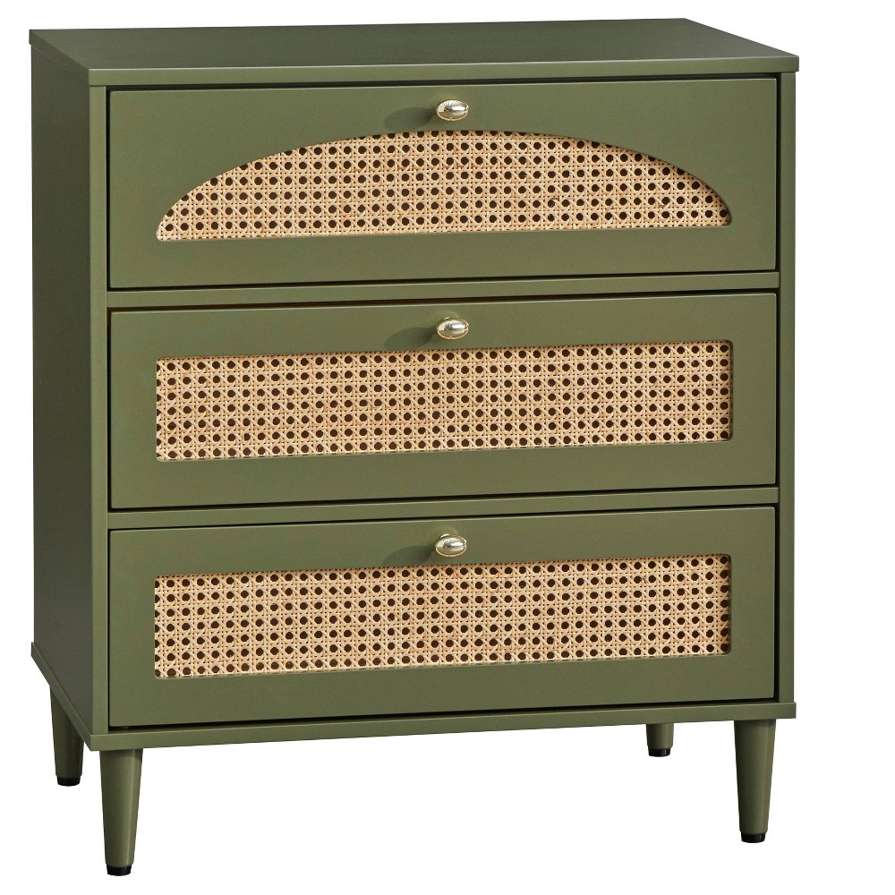 Lifestorey Taylor Mid Century Modern 3 Drawer Chest Dresser with Natural Cane Olive Green