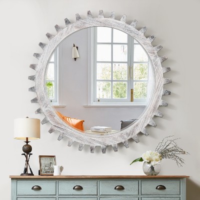 VYNXARIA Decorative Wall Mirrors - 42 Inch Vintage Gear Shape Round Mirror for Bathroom, Living Room, Entryway, Antique White Washed
