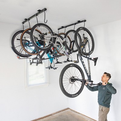 Teal and Black Adjustable Ceiling Mounted Bike Storage Rack
