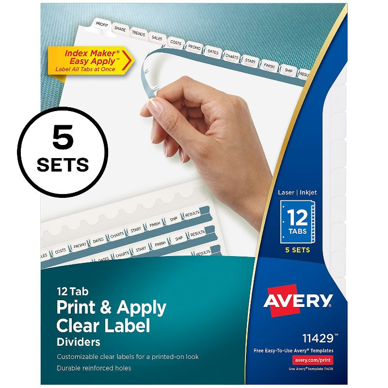 Avery Print & Apply Clear Label Dividers w/White Tabs 12-Tab Letter 5 Sets 11429, 2 of 8