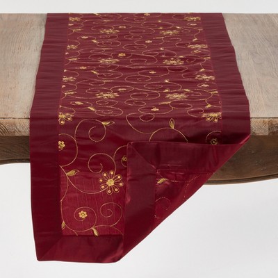 Burgundy and Gold Embroidered Polyester Holiday Table Runner