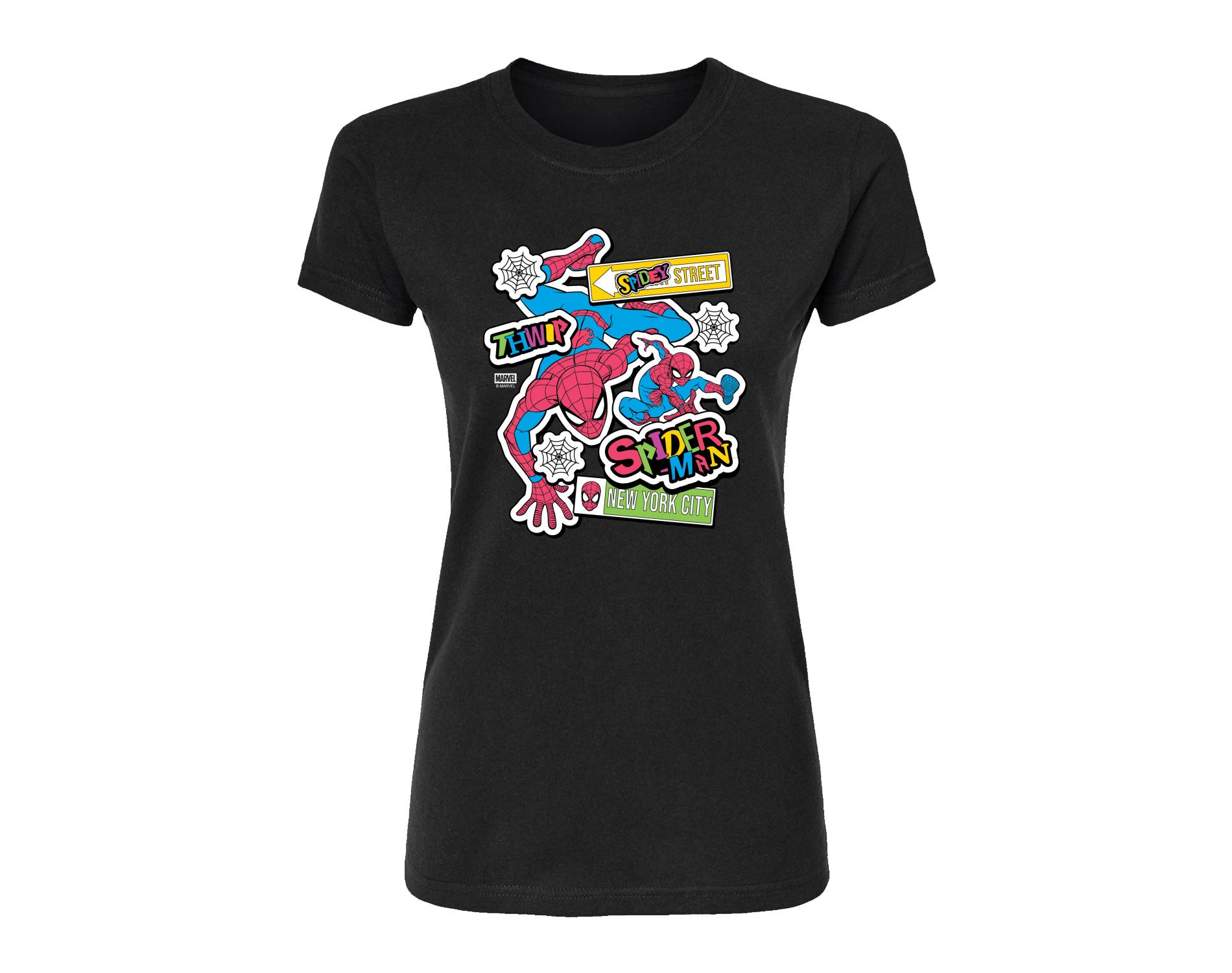 Women's Marvel Spidey Bright Stickers Fitted Graphic T-Shirt - Black - Large