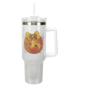 Elanze Designs 40 Ounce Stainless Steel Double Wall Insulated Glitter Travel Tumbler With Handle, Straw, and Lid, Basketball With Gold Bow White - 1 of 1