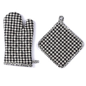 Shiraleah Gina Black and White Check Print Pot Holder and Oven Mitt Set - 1 of 2