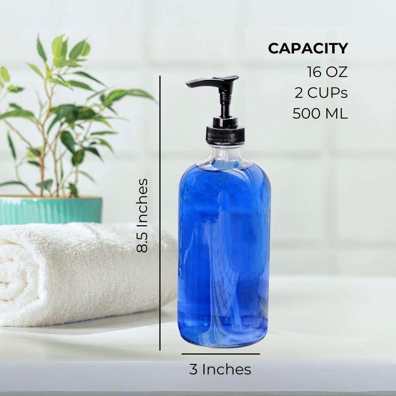 Cornucopia Brands 16oz Clear Glass Pump Bottles 2pk; Refillable Black Soap Dispenser Lotion Pump, 3 of 9