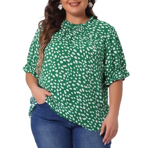 Agnes Orinda Women's Plus Size Polka Dots Printed Ruffle Hem Short Sleeve Mock Neck Blouses - 1 of 4
