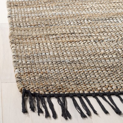 Beige Handwoven Leather and Cotton Area Rug with Fringe, 5' x 8'