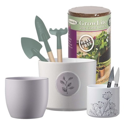 Minimalist Indoor Garden Kit – 3 Modern Planters with Tools & Soil Pellets, 3.1", 3.9" & 5.1" Dia pots