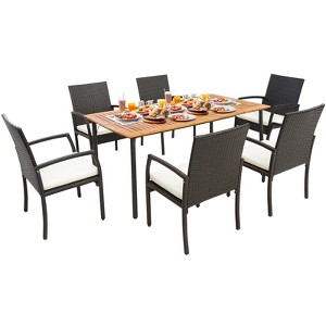 Costway 7PCS Patio Wicker Dining Set Cushion Armchairs Acacia Wood Table with Umbrella Hole - 1 of 4