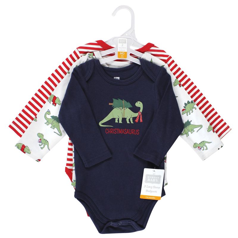 Hudson Baby Unisex Baby Cotton Long-Sleeve Bodysuits, Christmasaurus, 2 of 6