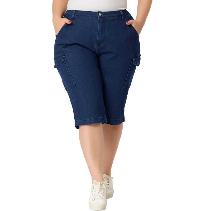 Agnes Orinda Women's Plus Size Jeans Zipper Slash Pocket Button Denim Cargo Shorts, 2 of 7
