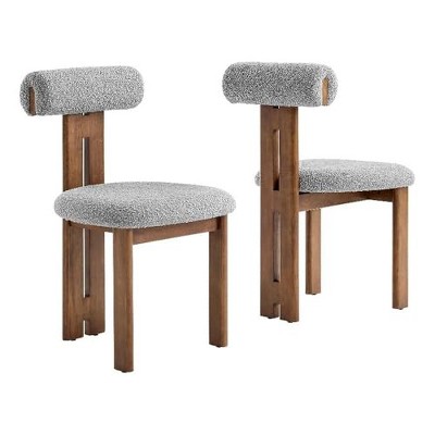 Modway  Torian Upholstered Boucle Dining Chairs Set of 2 in Walnut Light Gray 3-Legged Farmhouse Kitchen Chairs Comfortable Side Chairs with Wood Legs
