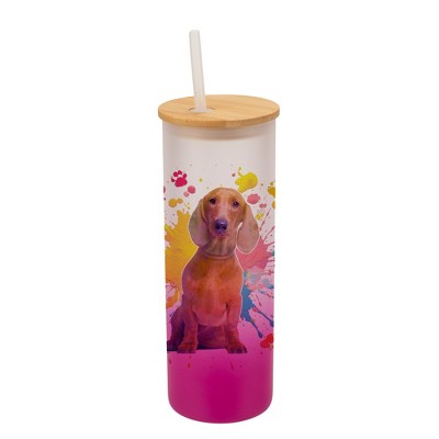 100 North 25 Ounce Frosted Glass Gradient Travel Tumbler With Straw & Wooden Lid, Dachshund Dog Paint Splatter Pink