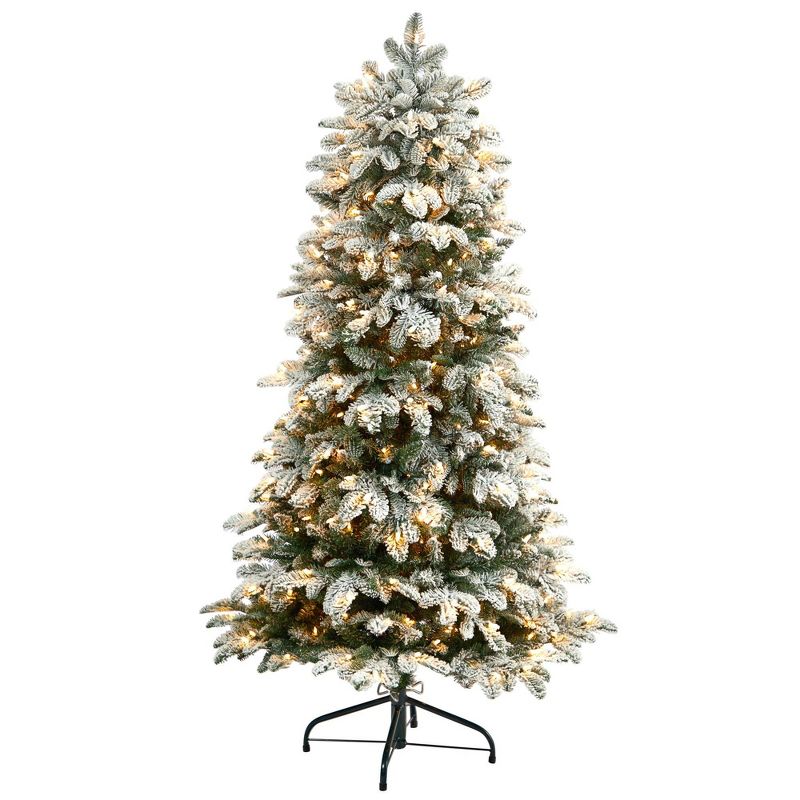 Nearly Natural 5-ft Flocked North Carolina Fir Christmas Tree with 350 Warm White Lights and 1247 Bendable Branches, 1 of 9