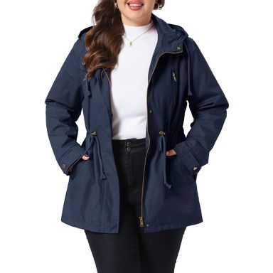 Women's Plus Size Hooded Zip Snap Drawstring Waist Utility Parka