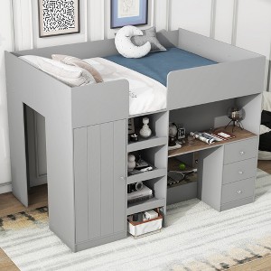 YOOCOZZ Wood Full Size Loft Bed with Built-in Wardrobe, Desk, Storage Shelves and Drawers - 1 of 4