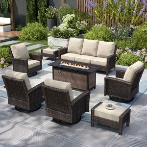 Captiva Designs Outdoor Patio Wicker Furniture Conversation Fire Pit Sets with Swivel Chairs with 5.5" Thick Cushions - 1 of 4