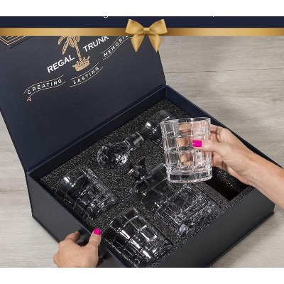 Regal Trunk Crystal Whiskey Decanter Set with Square Engraved Tumblers
