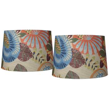 Springcrest Collection Set of 2 Drum Lamp Shades Multi Color Tropic Floral Medium 14" Top x 16" Bottom x 11" Slant Spider with Harp and Finial Fitting