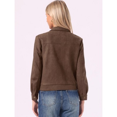 INSPIRE CHIC Women's Point Collar Long Sleeves Solid Business Casual Suede Jacket with Zipper and Pockets Medium Coffee — фото 3