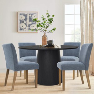 5-Piece Round Dining Table Set, 46'' Black Wood Pedestal Table with 4 Beige Linen Upholstered Chairs, Modern Farmhouse Dining Room Set-Maison Boucle - 1 of 4