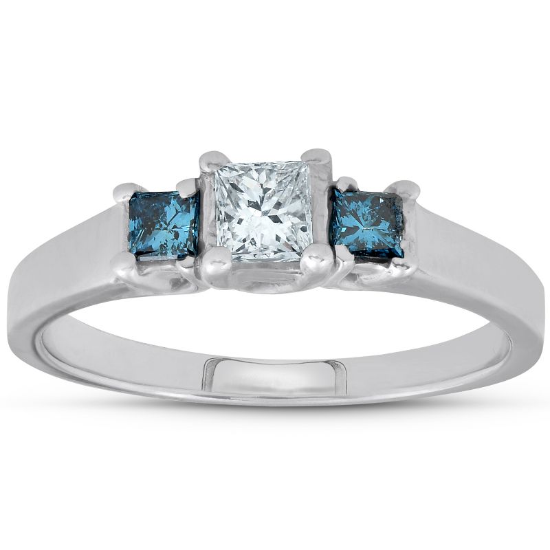Pompeii3 1/2ct Princess Cut Treated Blue & White Diamond 3-Stone Engagement Ring 14K Gold, 1 of 5
