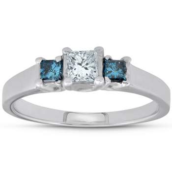Pompeii3 1/2ct Princess Cut Treated Blue & White Diamond 3-Stone Engagement Ring 14K Gold