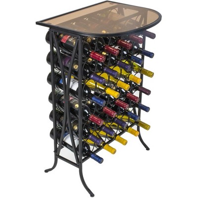 Black Metal Wine Rack Stand with Glass Tabletop for 30 Bottles