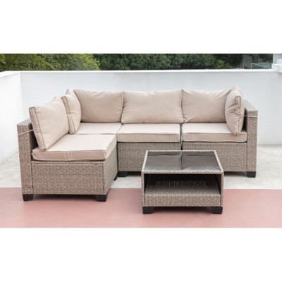 5-Piece Modular Wicker Patio Sofa Set with Coffee Table and Cushions, Outdoor Conversation Furniture for Backyard or Garden – The Pop Home