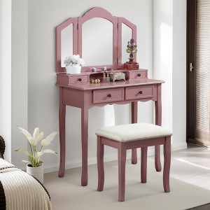 FONTOI 55.1"W Vanity Table Stool Set with 3-Panel Mirror Ample Storage for Makeup Jewelry for Bedroom Dressing Room, Rose Gold, 31.5"*15.75"*55.11" - 1 of 4