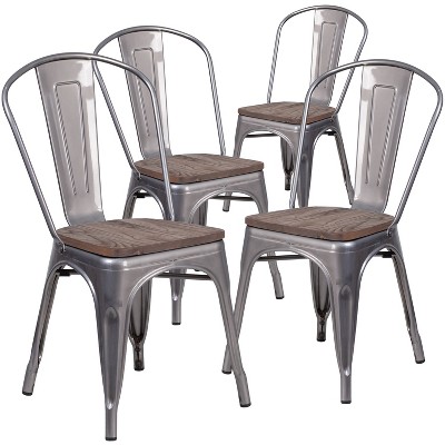 Emma and Oliver 4 Pack Clear Coated Metal Stackable Chair with Wood Seat
