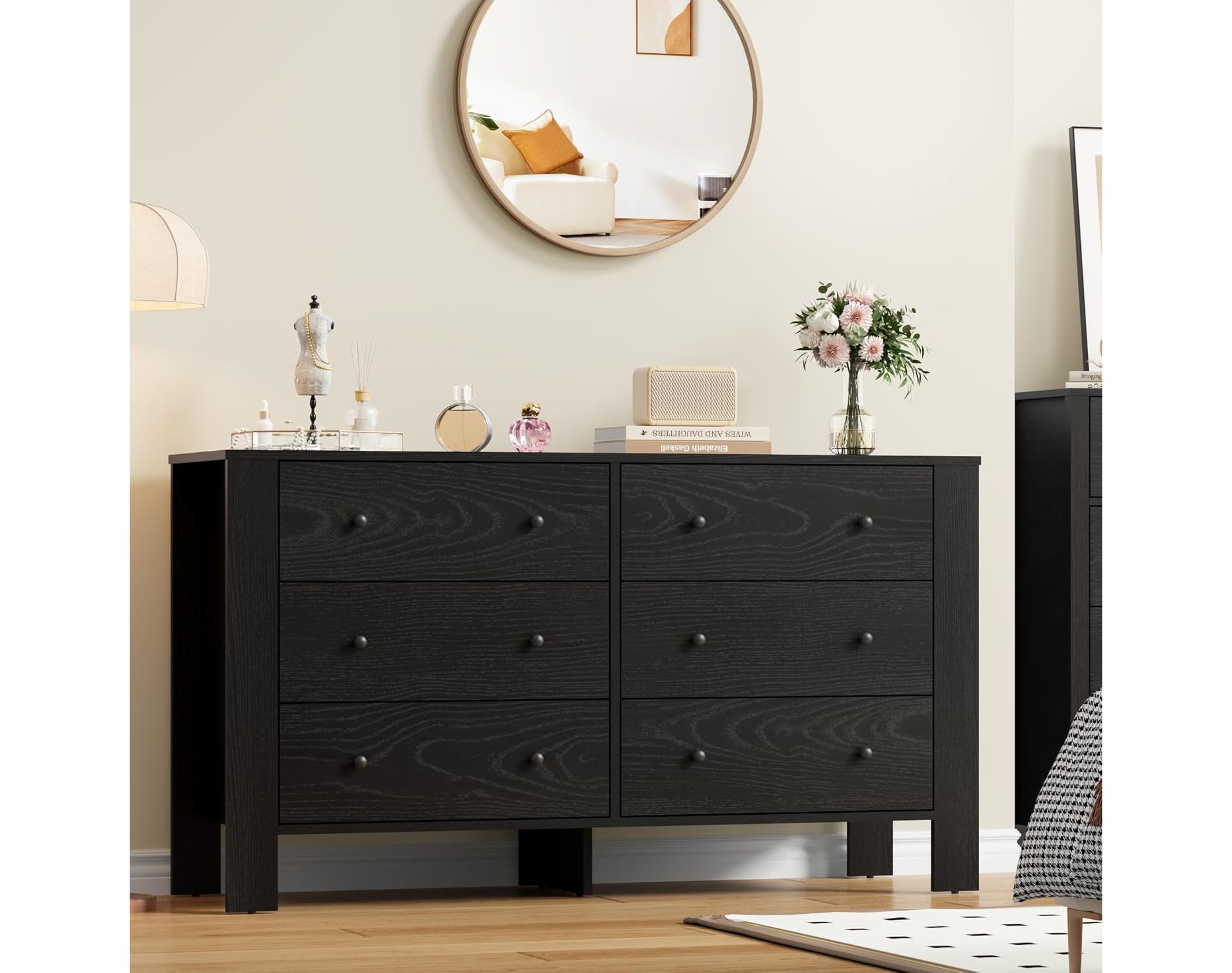 Dresser for Bedroom, Large 6 Drawer Dresser with Drawers & Metal Knobs, Modern Wooden Double Chests of Drawers for Bedroom, Entryway, Hallway, Black