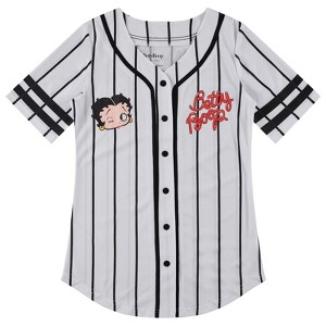 Ladies Betty Boop Baseball Jersey - Betty Boop, Bonnie , Margie, and Mae Mesh Button Down Baseball Jersey - Betty Boop Vintage Shirt - 1 of 4