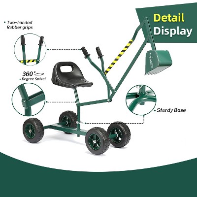Hunter Green Metal Sandbox Ride-On Excavator with Rubber Wheels