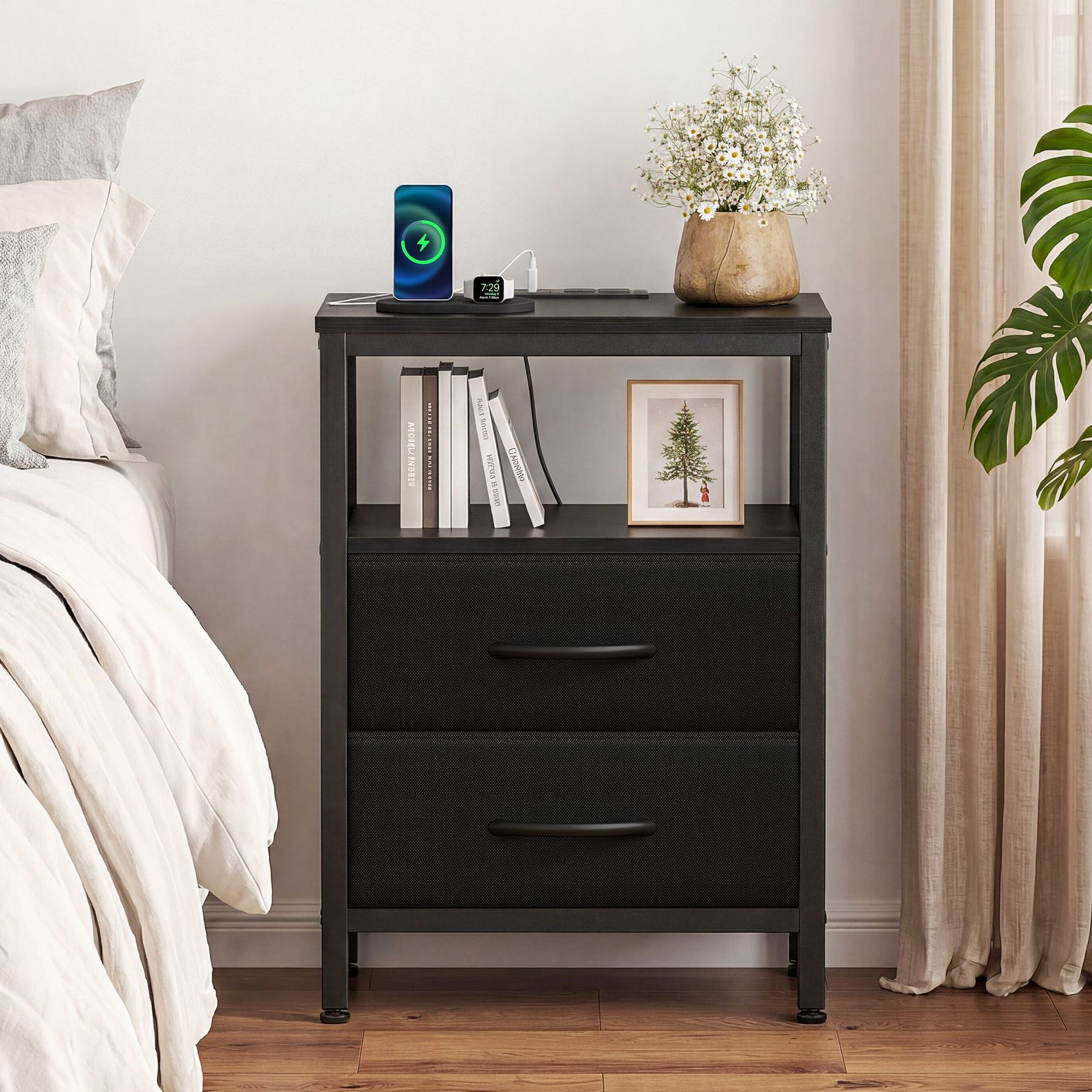 JIONJOY Nightstand with Charging Station, 2 Drawers Bed Side Table with USB/Type-C Ports for Bedroom Small Spaces