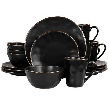 16pc Modern Stoneware Dinnerware Set with Rim Matte Black/Gold - Elama
